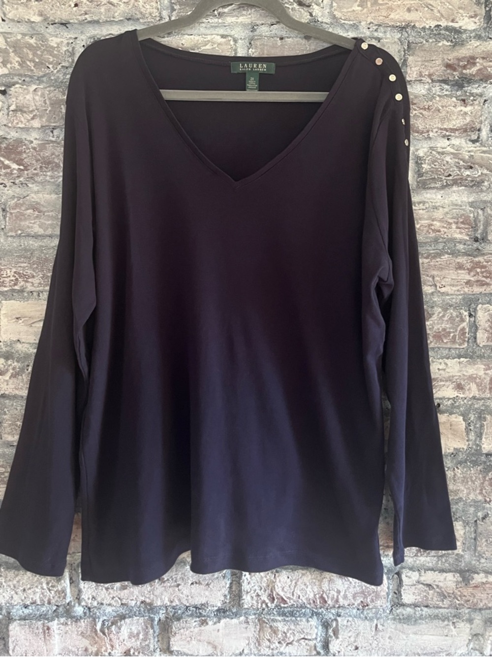 Ralph Lauren Navy V-Neck Long Sleeve Top with Silver LRL Shoulder Studs Accents